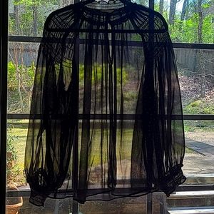Loft XL long sleeve gauzy transparent black gold polk dot blouse, puff sleeves